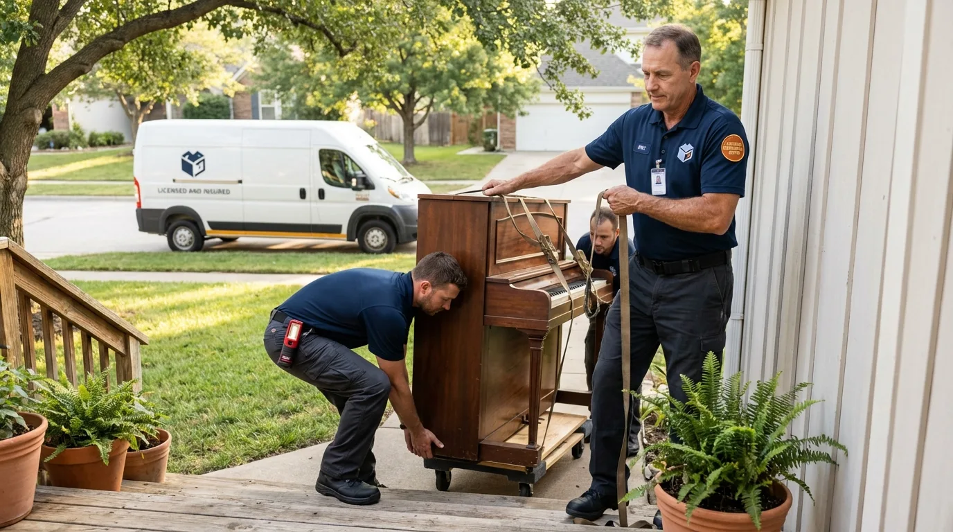 Licensed piano movers securing grand piano in Boulder, MT
