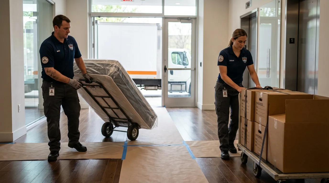 Professional apartment movers loading elevator in Boulder, MT
