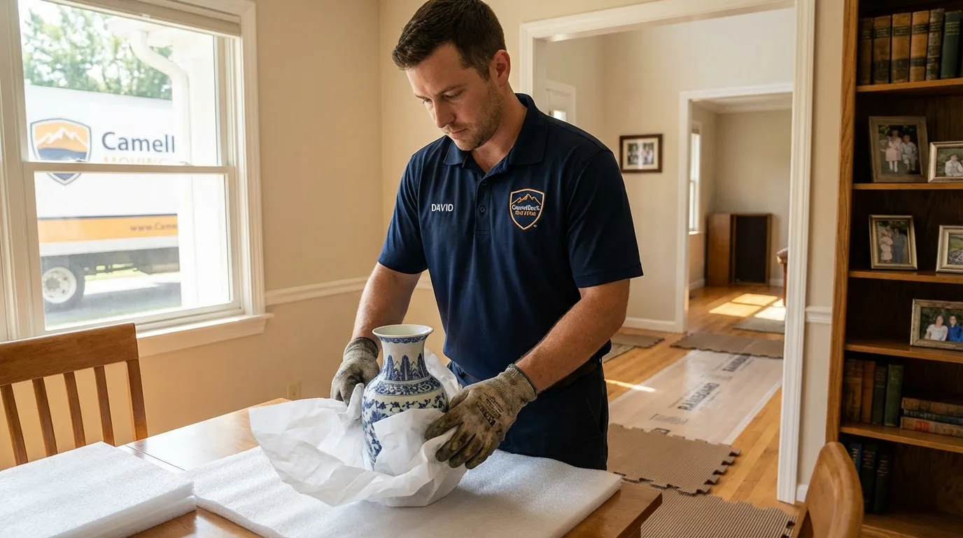 Professional crew carefully wrapping antique vase for senior downsizing move in Boulder, MT